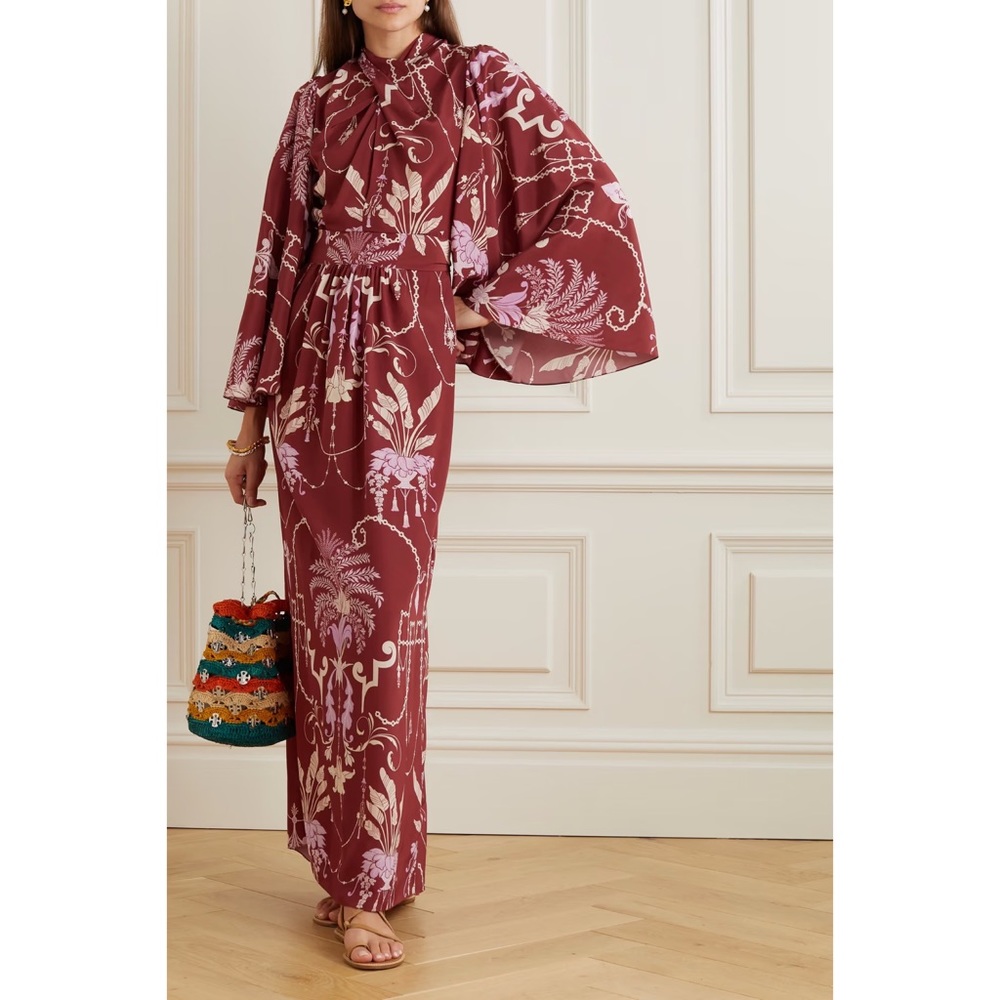 Johanna Ortiz Silk Dress Hanging Plants Printed Long Sleeve Maxi Gown Size 6
